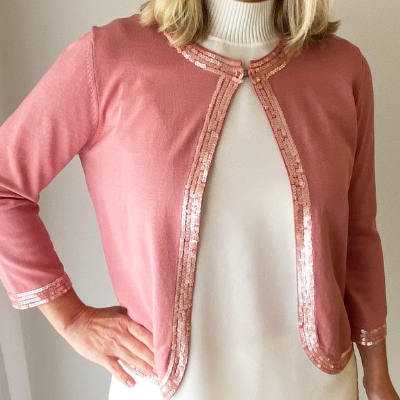 Kate Hill dusty rose sequin trim silk cardigan - Picture 5 of 13